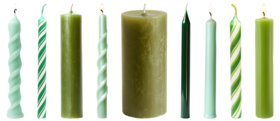 PNG Assorted green decorative candles displayed, element set on transparent background