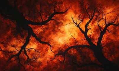 Abstract fiery landscape with dark branches resembling tree canopy