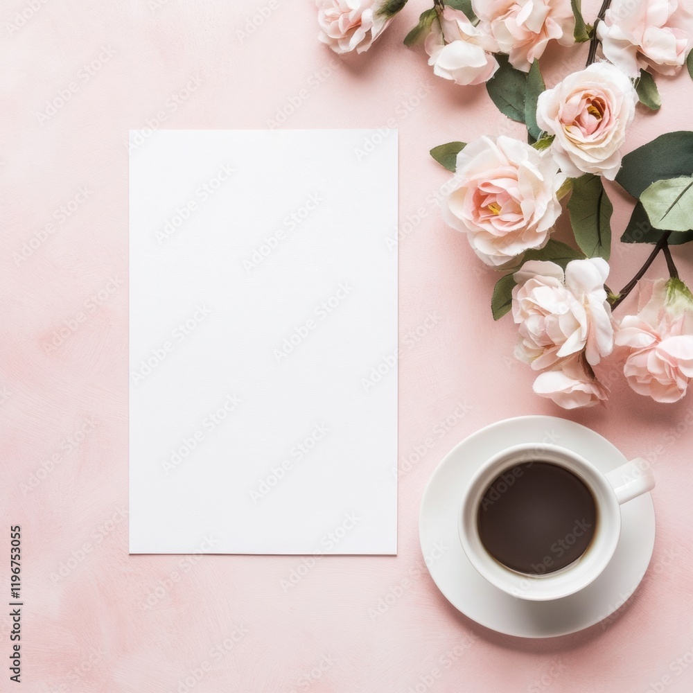 Poster blank paper for text next to a coffee cup and pink roses on soft pink background in a cozy setting. 