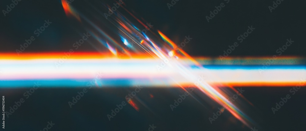 Poster Strands of light refract through a prism creating a vibrant rainbow effect against black background