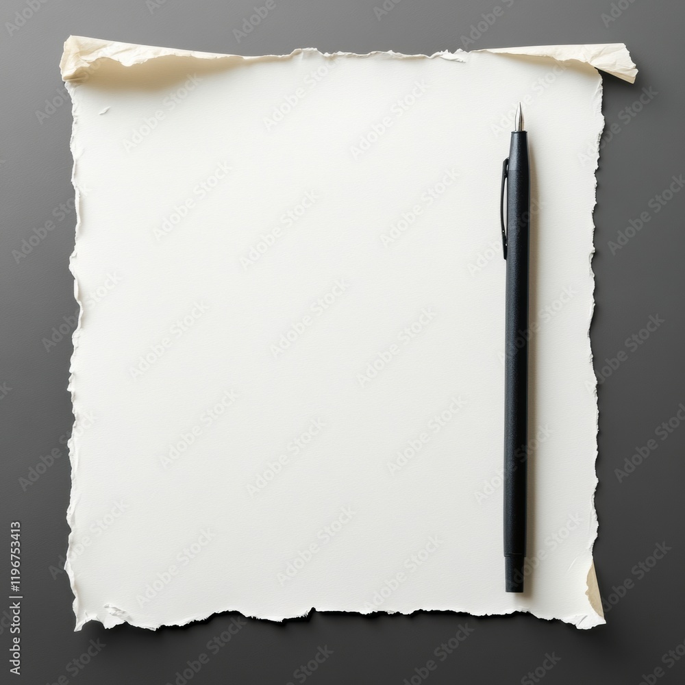 Aufkleber blank notepaper with torn edges and a black pen placed thoughtfully for writing ideas. generative ai