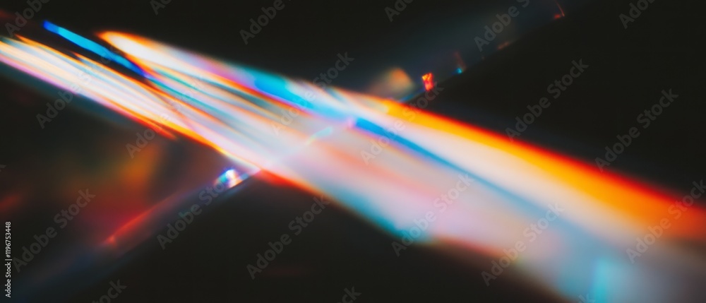 Poster delicate strands of light create a vibrant rainbow effect through a prism against a dark background