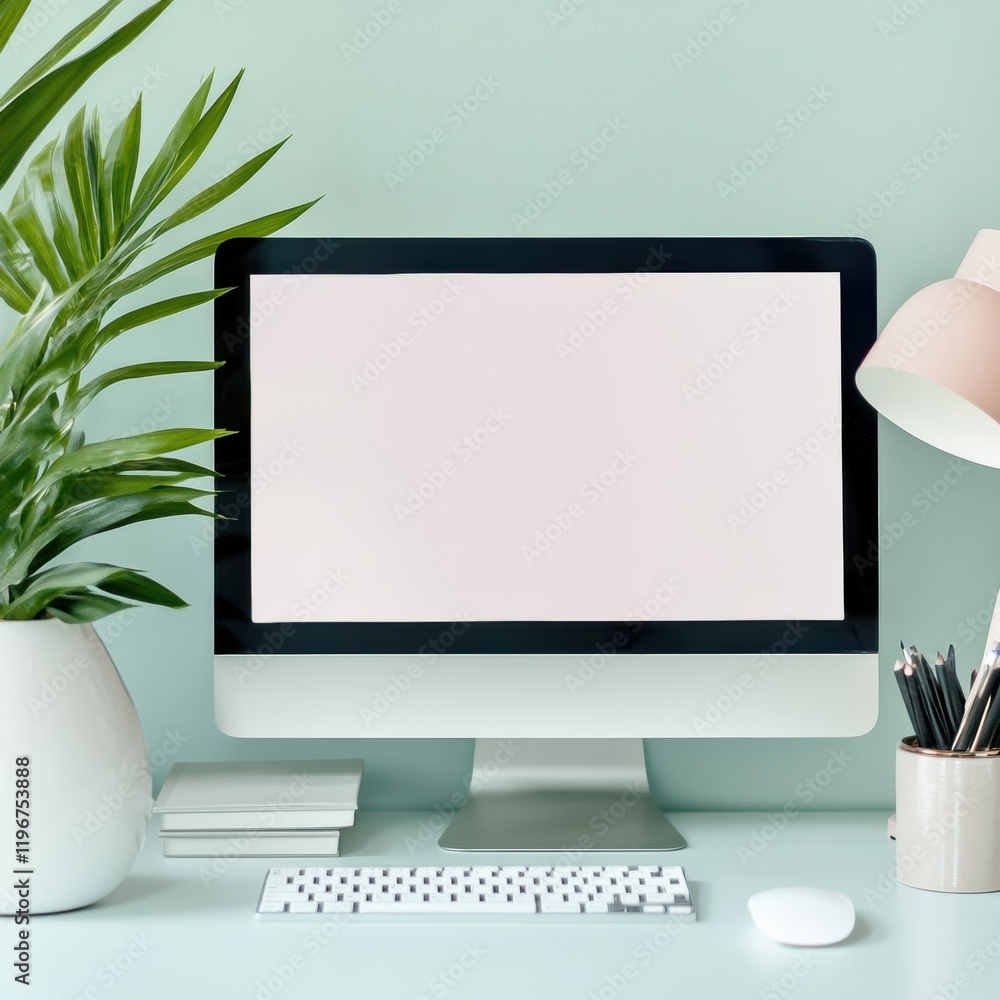 Poster Modern workspace featuring a computer with empty screen and decorative elements for creative projects. Generative AI