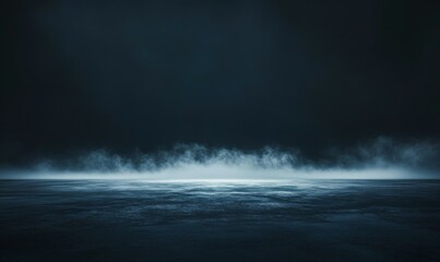 Abstract image of dark room concrete floor. Black room or stage background for product placement.Panoramic view of the abstract fog. White cloudiness, mist or smog moves on black background
