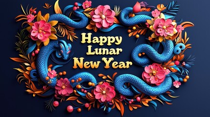 Modern Festive Design Blending Serpents and Blossoms for Happy Lunar New Year Celebration
