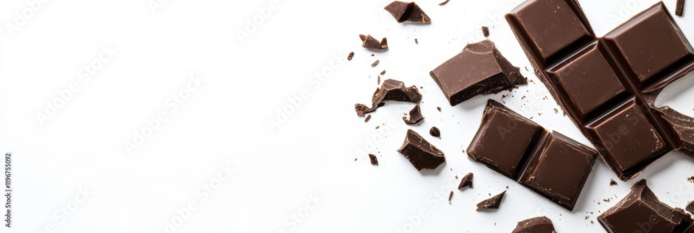 Poster Delightful dark chocolate chunks scattered on an empty surface with ample space for creative text placement. Generative AI