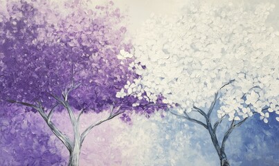 Acrylic on canvas painting of white and purple trees in spring, trees, floral, zen, tranquil
