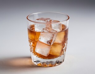 A refreshing drink with ice cubes in a clear glass, creating a warm, inviting atmosphere.