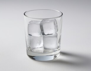 A close-up of a clear glass filled with ice cubes, set against a neutral background.