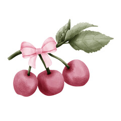 Valentine’s Day Cherries with Pink Bow PNG | Hand-Drawn Transparent Clipart