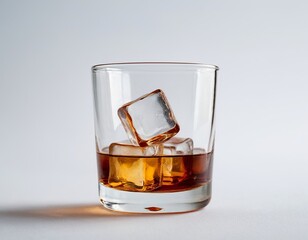 Clear glass with whiskey and ice cubes, showcasing a classic drink.