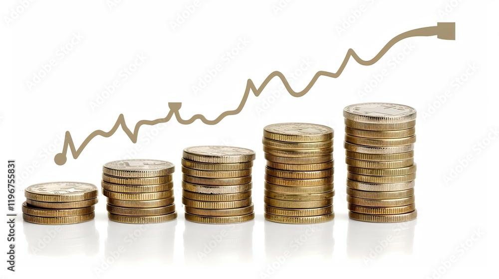 Poster stacks of coins with a fluctuating financial graph overlay.