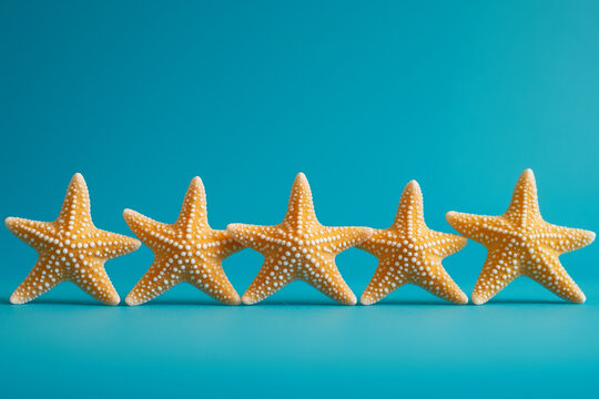 Five perfect orange starfishes are standing in a row on a vibrant blue background, creating a cheerful summer vacation and customer review concept