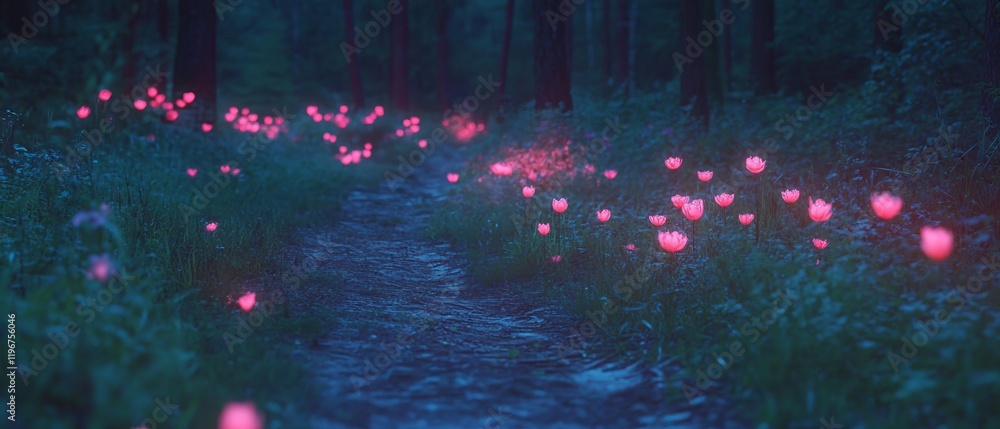Poster discover the mystical enchanted forest path illuminated by glowing flowers