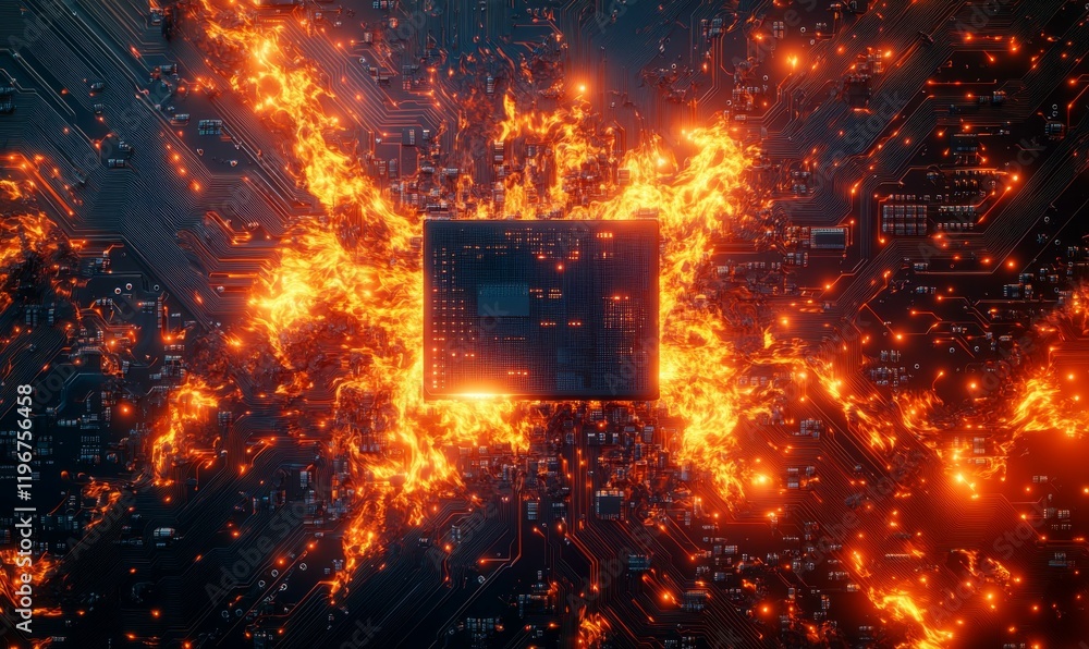 Poster aerial view of circuit board with digital flames engulfing components, symbolizing network under att