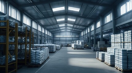 Obraz premium A factory warehouse filled with raw materials and finished products ready for distribution.