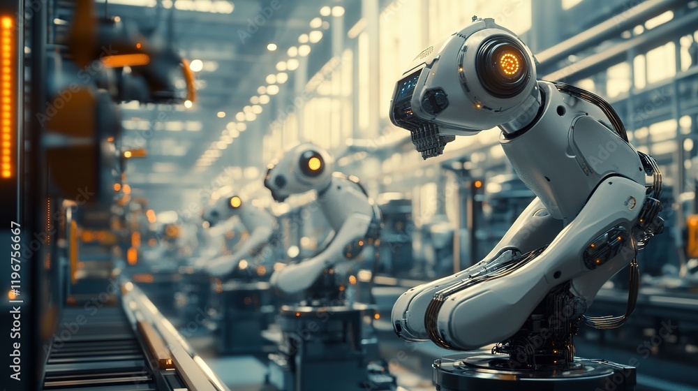 Poster a futuristic factory using ai and robotics for highly efficient production.