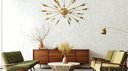 A mid-century modern-inspired high-end living room with a brass sputnik chandelier
