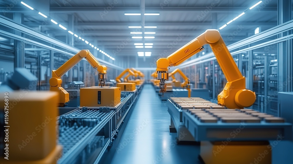 Poster a modern factory floor with advanced automation and robotics producing goods.
