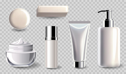 Realistic cosmetic mockups. Bottle, jar and tube for cream. Soap, lotion, skin care. Blank cosmetic package set.