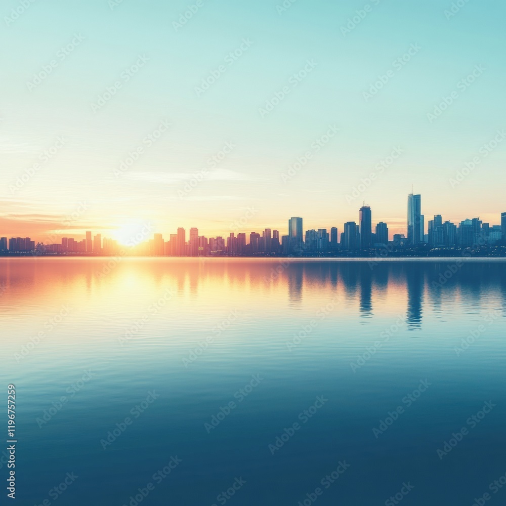 Poster sunrise over a city skyline reflecting on calm water with ample copy space for text. generative ai