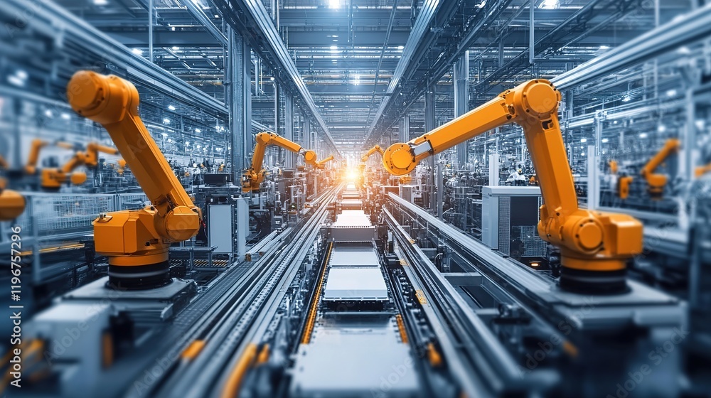Poster a modern factory floor with advanced automation and robotics producing goods.