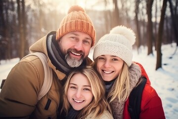 Fototapeta premium Father and daughters smiling and enjoying a winter walk in the snowy forest