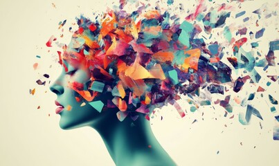 abstract representation of mind in chaos, showcasing vibrant colors and fragmented shapes, symbolizing thoughts and emotions in disarray