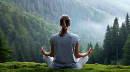 Fototapeta premium Calm person meditating in a serene forest landscape.