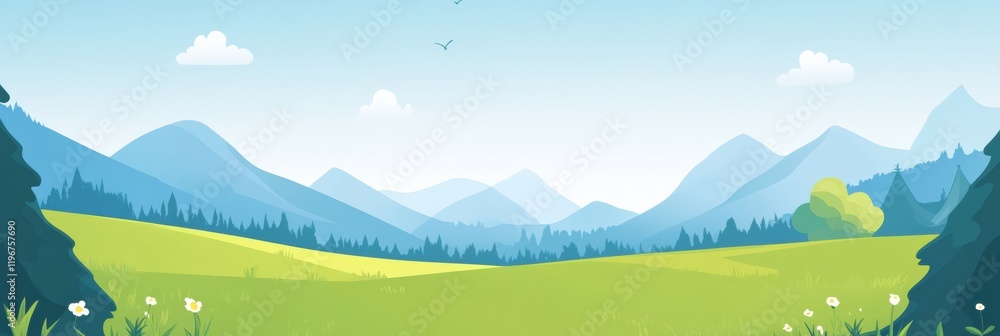 Aufkleber sunny landscape with green meadows and mountains offering ample space for text placement. generative