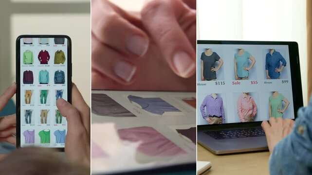 Online shopping collage. Using an app on your phone for e-commerce. Buying clothes online. Choosing a product on your smartphone and laptop.