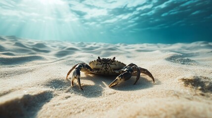 Obraz premium Underwater Crab on Sandy Ocean Floor, Sunlit Scene