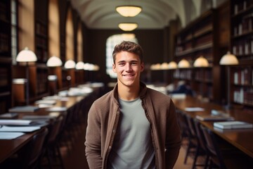 Fototapeta premium Portrait of a cheerful university student standing in a beautiful library, surrounded by books and knowledge