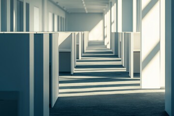 Obraz premium An empty modern office with rows of cubicles, captured in high resolution with the best camera settings for capturing sharp details and realistic textures.