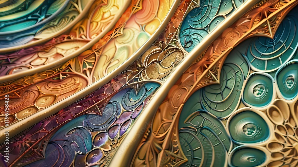Poster a colorful fractal design with intricate, repeating patterns.