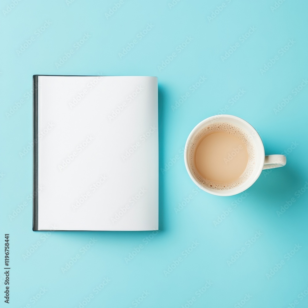 Leinwandbilder blank notebook and coffee cup on blue surface inviting creativity and reflection in a calm environme