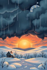 Surreal winter sunset with rain, clock, and cabin.