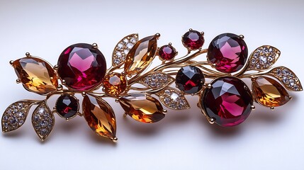 Garnet citrine brooch in an abstract flowing design closeup view highlighting the luminous stones against a white backdrop