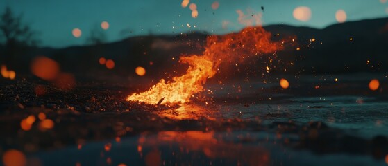 Captivating display of fire with radiant flames and flying embers under a twilight sky