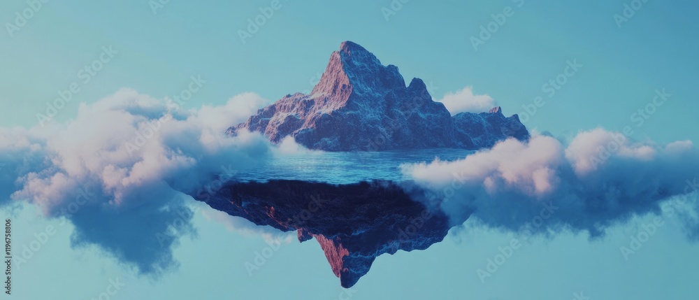 Poster floating islands above waterfalls surrounded by ethereal clouds in a surreal landscape