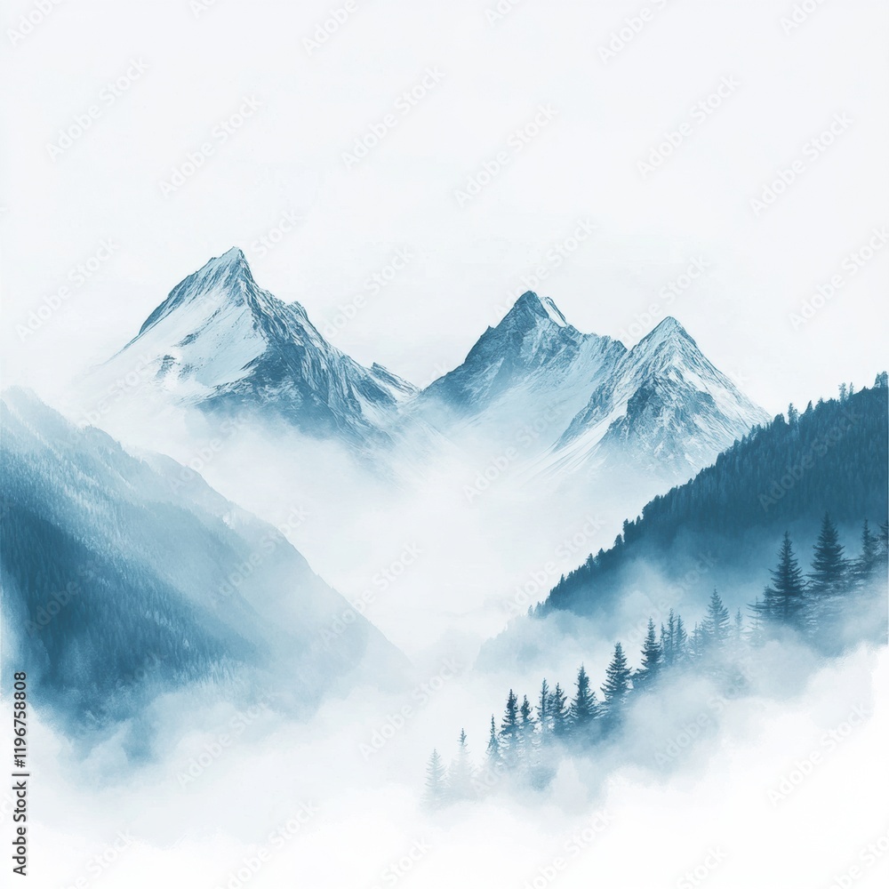 Fototapete mountain landscape with mist providing ample copy space for text and design elements in serene natur