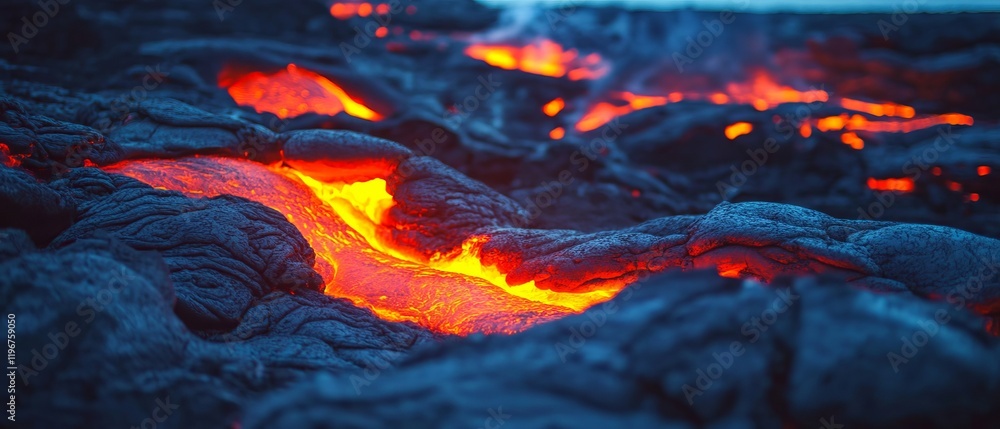 Poster flowing lava creates a mesmerizing display of molten rock and fiery glow in a volcanic landscape