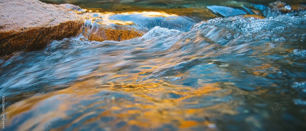 Poster flowing water creates ripples over smooth stones in a tranquil natural setting