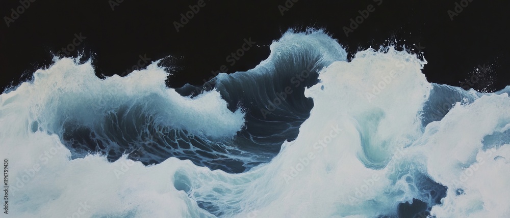 Poster Dynamic foaming waves showcasing intricate shapes and whitecaps in a serene ocean setting