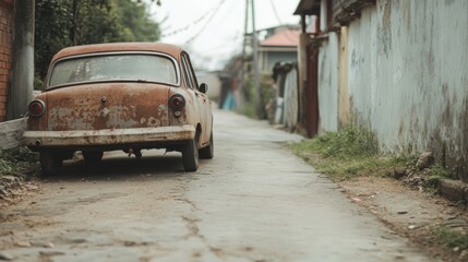 Rusted vintage car parked on a narrow, residential street. © musa