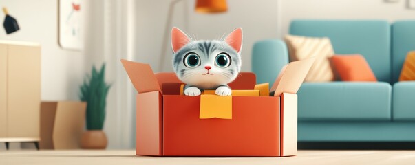 adorable kitty pops out of gift box at living room.