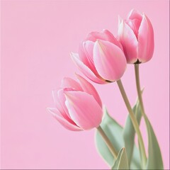Naklejka premium Fresh pink tulips arranged elegantly against a soft pink backdrop with ample space for personalized text. Generative AI