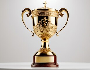 An ornate golden trophy with intricate designs, symbolizing achievement and excellence.
