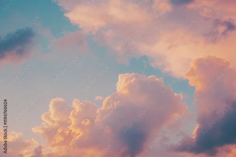 Poster the sky is filled with fluffy white clouds and a beautiful pink hue. the clouds are scattered throug