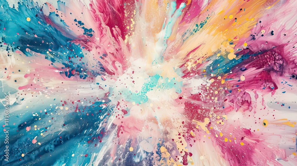 Poster a colorful explosion of paint splatters on a blank canvas.